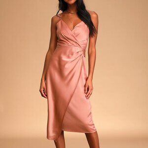 Lulus Quite Likely Rose Pink Satin Asymmetrical Midi Dress Size Small